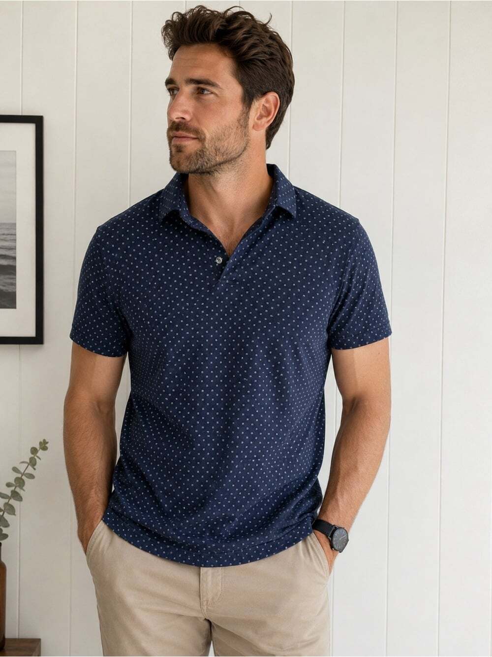 RW&CO Navy Geometric Print Polo Shirt Men’s Small Cotton Casual Golf Office